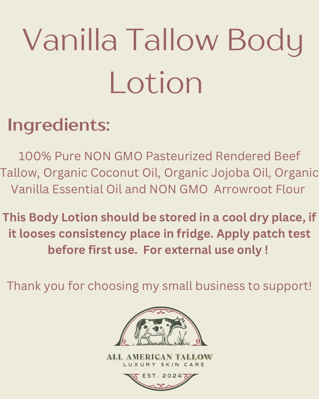 Whipped Vanilla Tallow Lotion 8oz